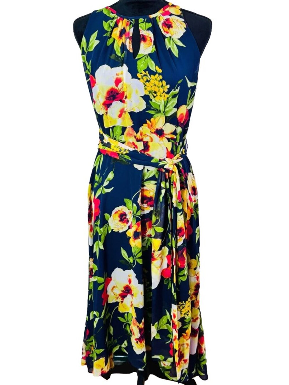 Leslie Fay Floral Maxi Dress Sz 6 Navy Keyhole Waist Tie Summer Elegant